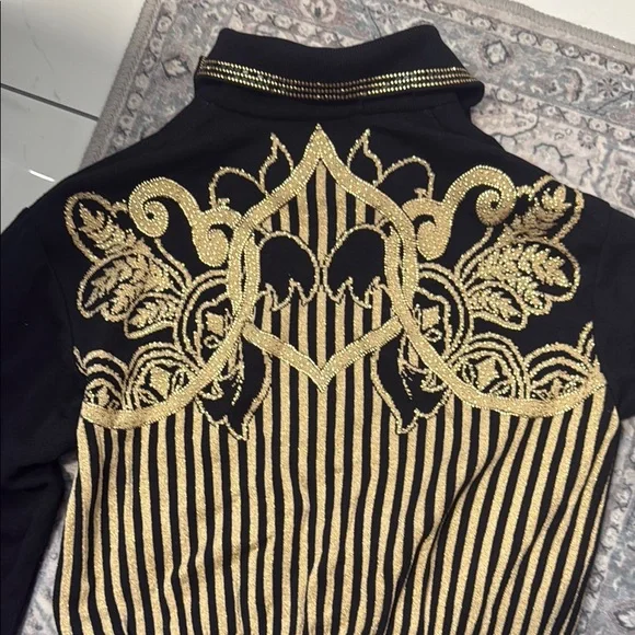 St. John by Marie Gray Black and Gold Embellished Rhinestone Patterned Sweater